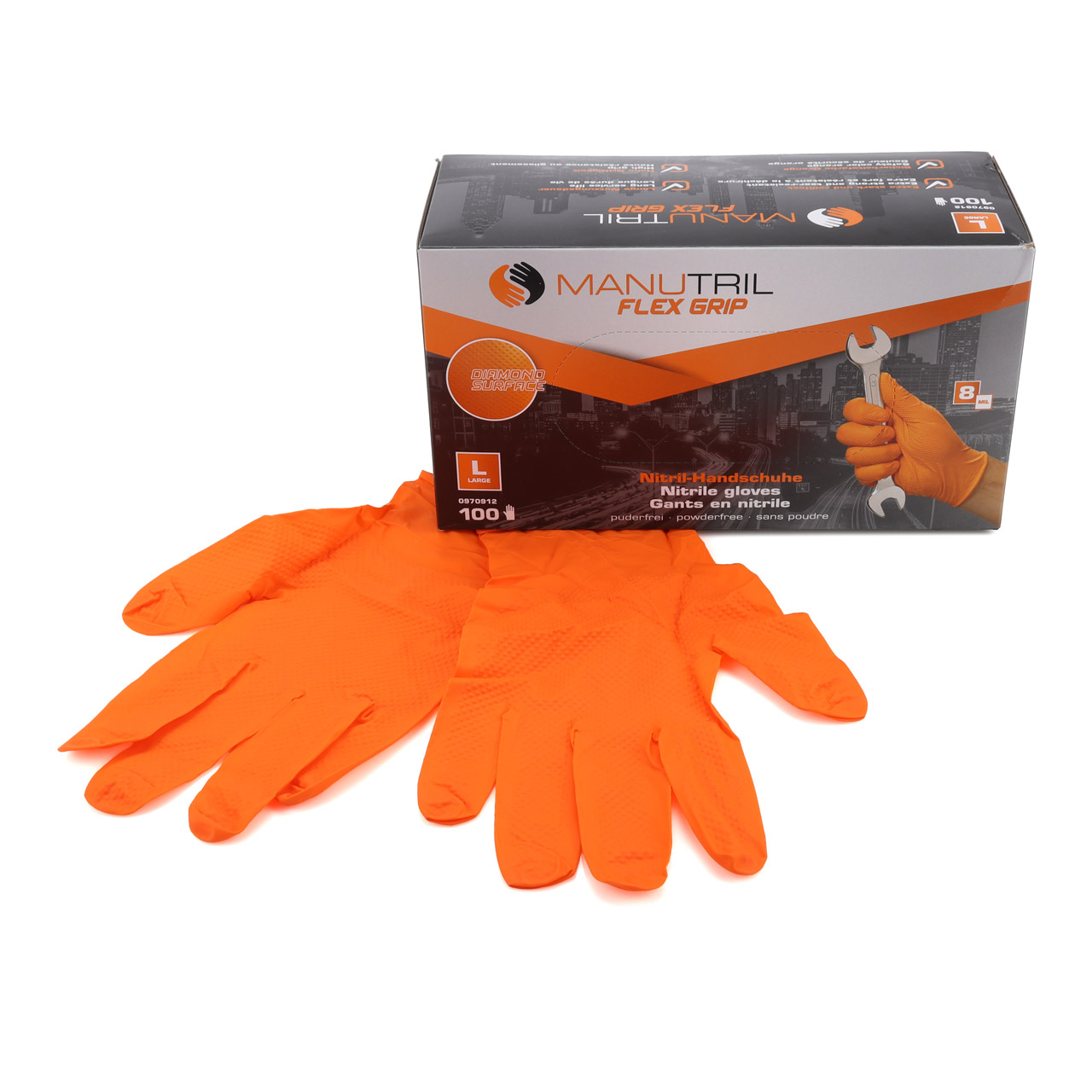 100 pairs, size 9 / L, Nitrile Flex Grip gloves, protective gloves with diamond coating, ORANGE