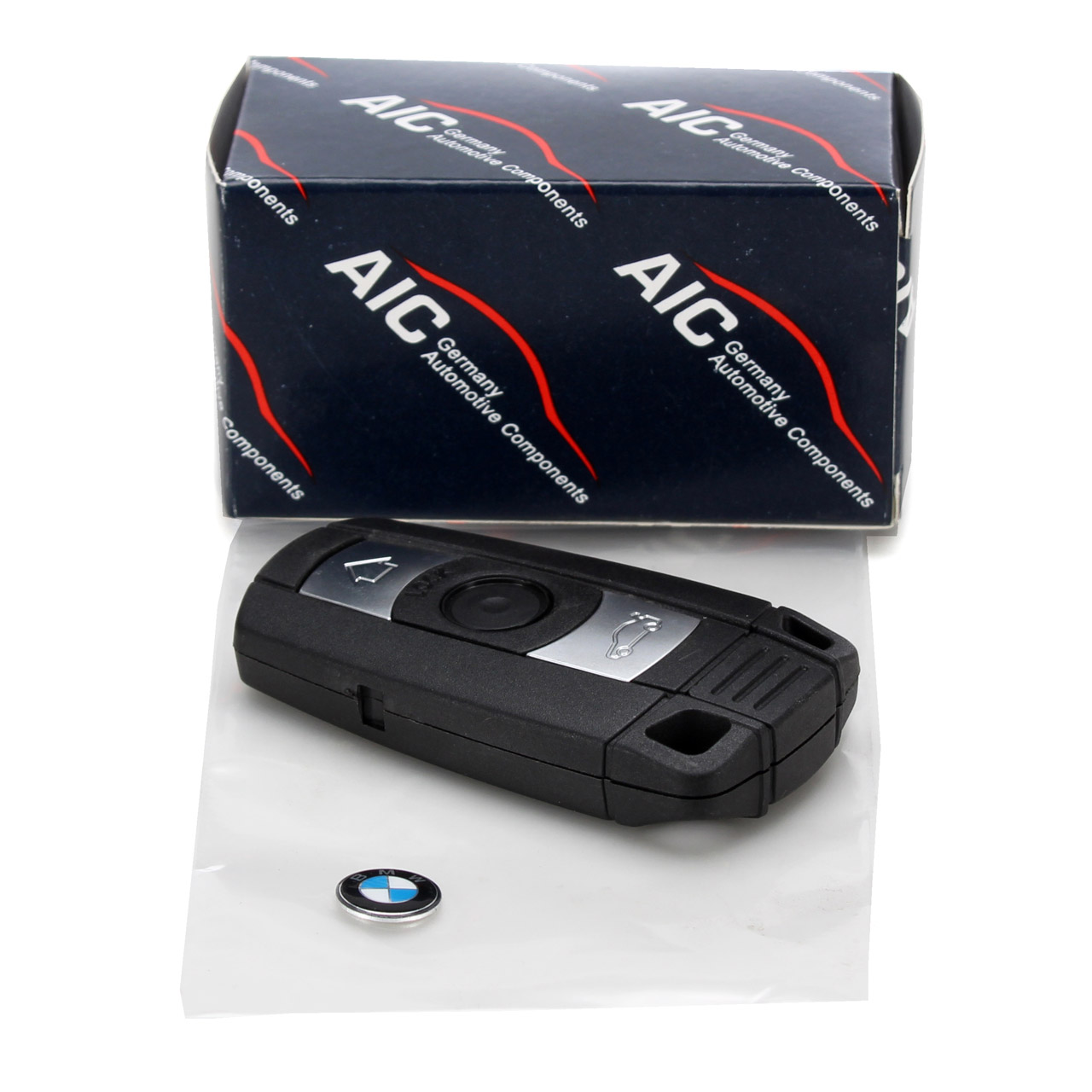 AIC Funkfernbedienung 3-Tasten + ORIGIINAL BMW Emblem E81-88 E90 E91 E60 E61 E63 E64