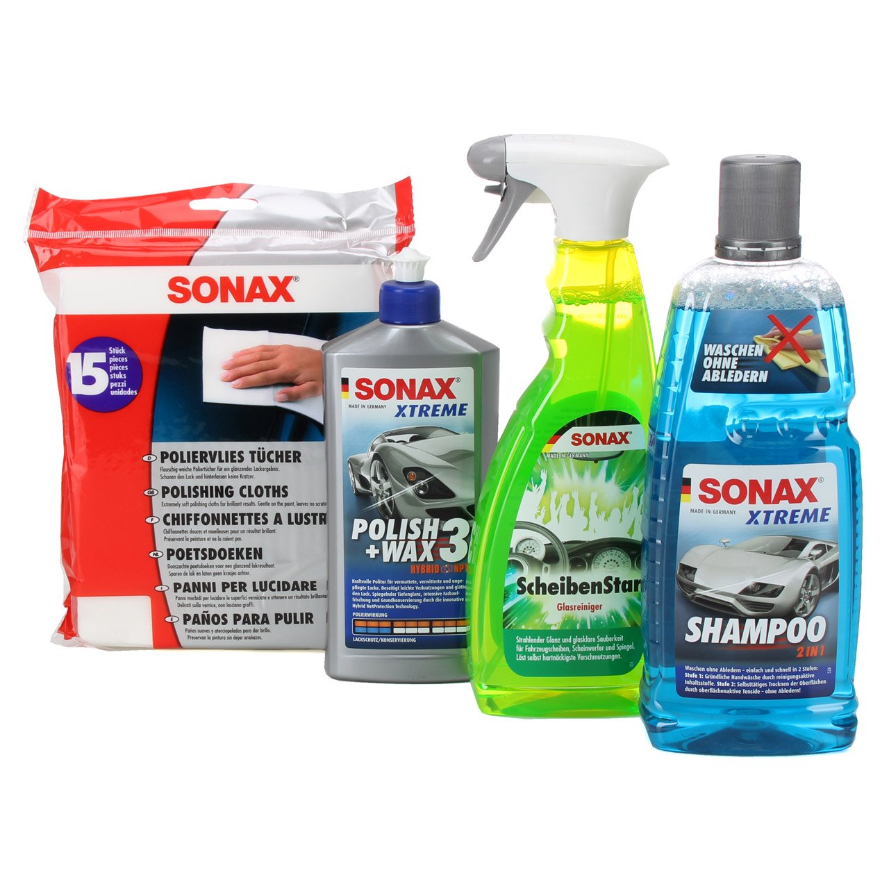 SONAX Autoshampoo 2 IN 1 + Scheibenreiniger + POLISH & WX 3 + Poliertücher