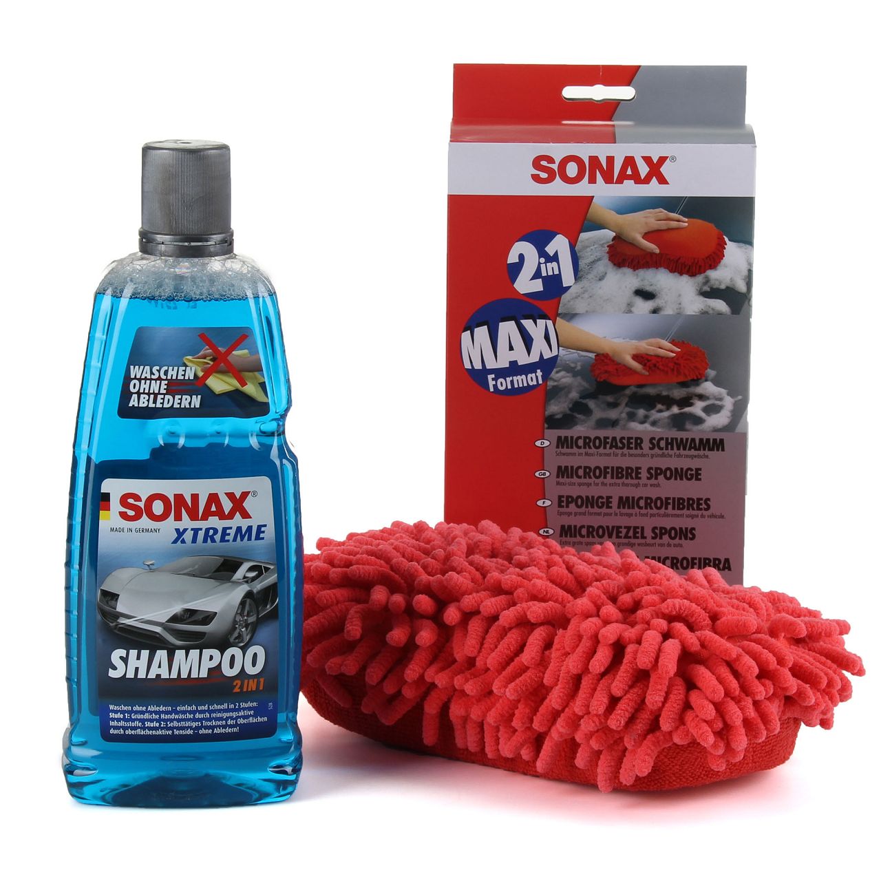 SONAX Xtreme Shampoo 2in1 Auto-Reiniger 1 Liter + Microfaser Multischwamm 2in1