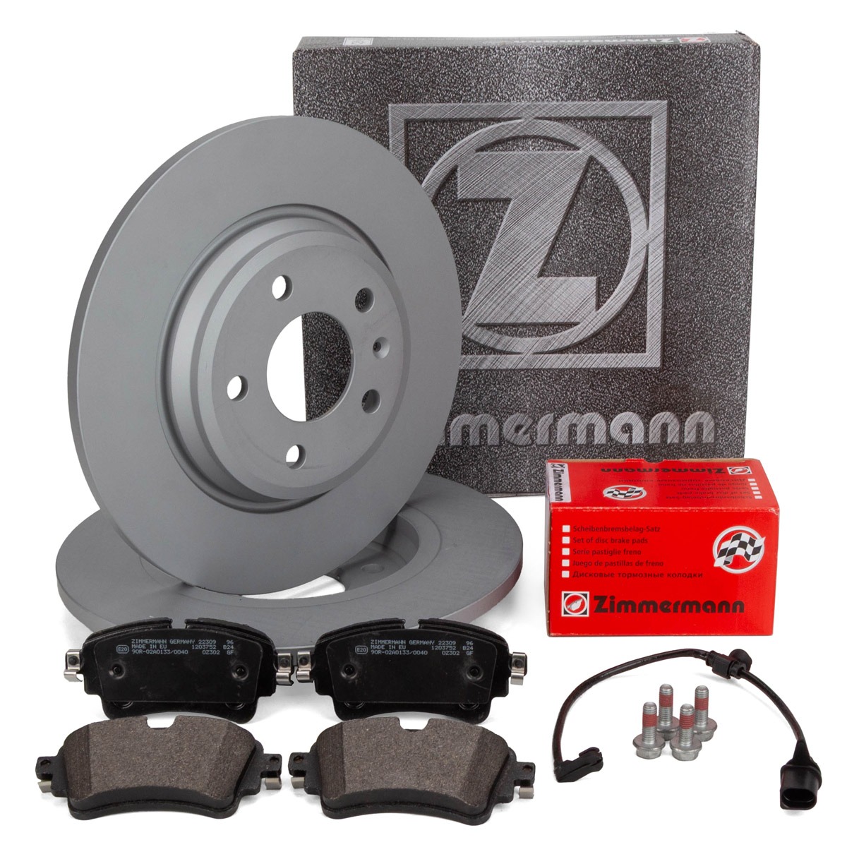 ZIMMERMANN Bremsscheiben + Bremsbel&auml;ge + Sensor f&uuml;r AUDI A6 C8 Q5 FY PR-1KD hinten