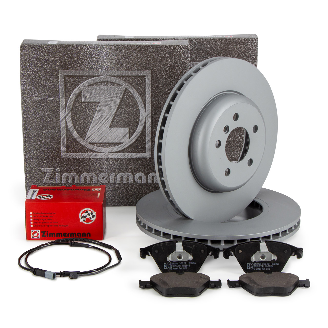 ZIMMERMANN Bremsscheiben + Bremsbel&auml;ge + Sensor f&uuml;r BMW 5er F10 528-535i 525d 530d vorne