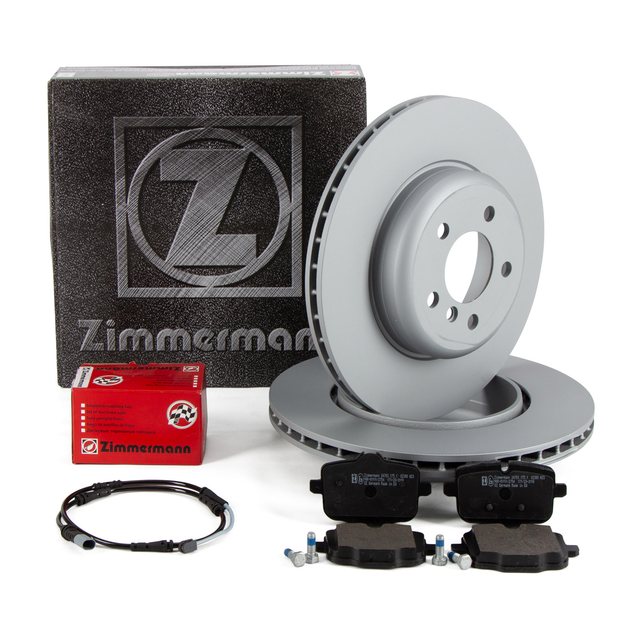 ZIMMERMANN Bremsscheiben + Bel&auml;ge + Sensor f&uuml;r BMW 5er 535/550i 530/535d 6er F13/06 hinten
