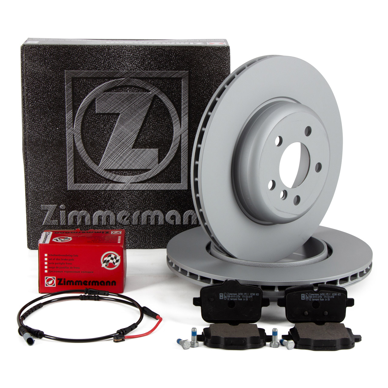 ZIMMERMANN Brake Discs + Pads + Sensor for BMW 5 Series Touring 535i, 520d, 530d, 535d (Rear)