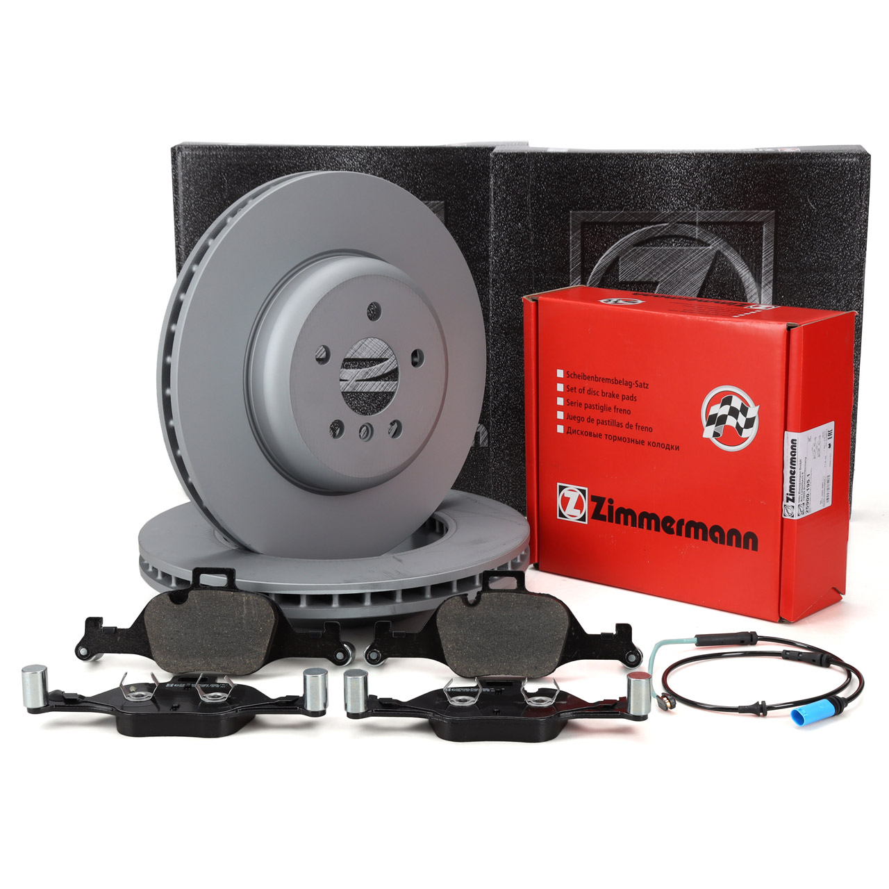 ZIMMERMANN Bremsscheiben + Bremsbel&auml;ge + Sensor f&uuml;r BMW 5er G30 G31 6er G32 7er G11 vorne