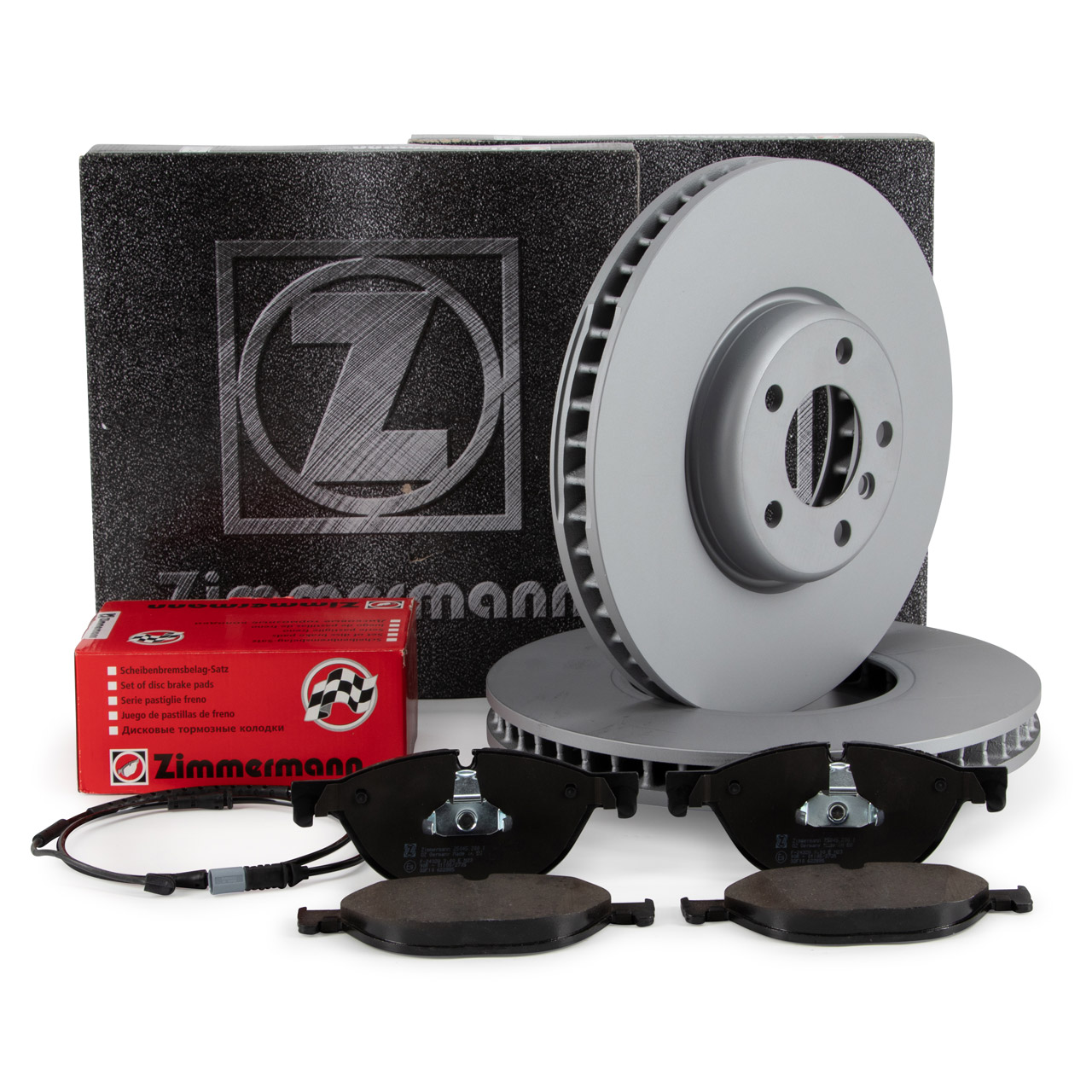 ZIMMERMANN Brake Discs + Brake Pads + Sensor for BMW F10, F11, F07, F12, F13, F06 (Front)