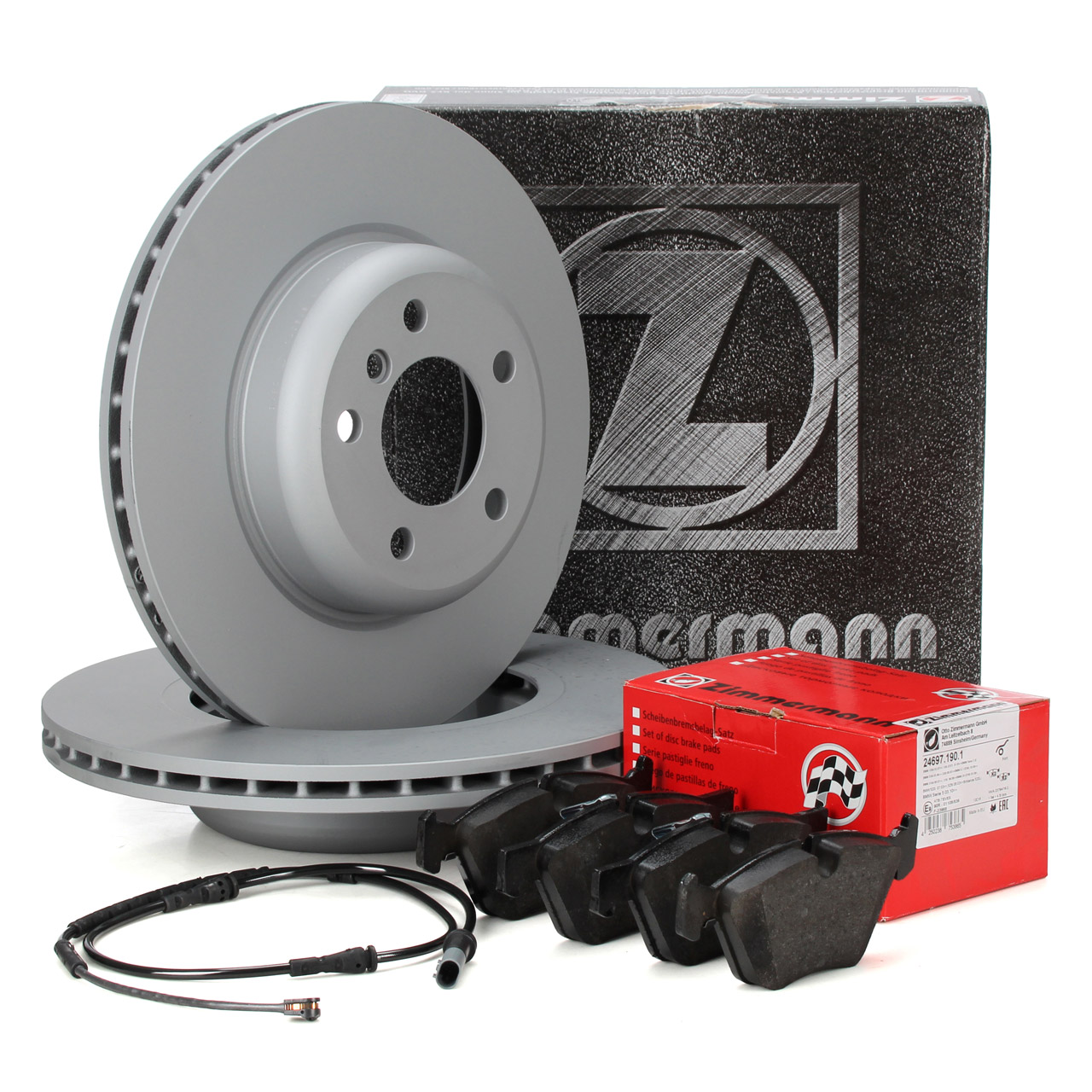 ZIMMERMANN Brake Discs + Brake Pads + Sensor for BMW 5 Series F10 520i, 523i, 518d, 520d (Front)