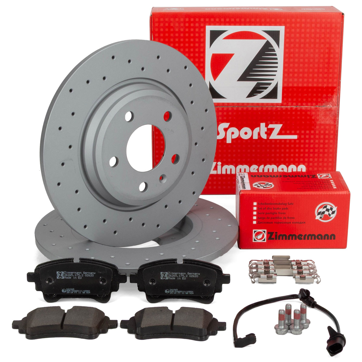 Zimmermann SPORT Bremsscheiben + Bremsbel&auml;ge + Sensor f&uuml;r AUDI A4 8W B9 A5 F5 hinten