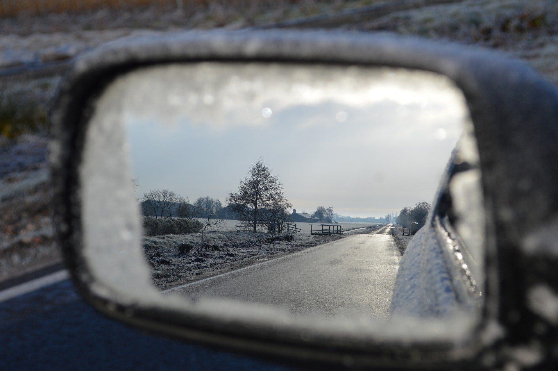 View into the heated exterior mirror in winter
