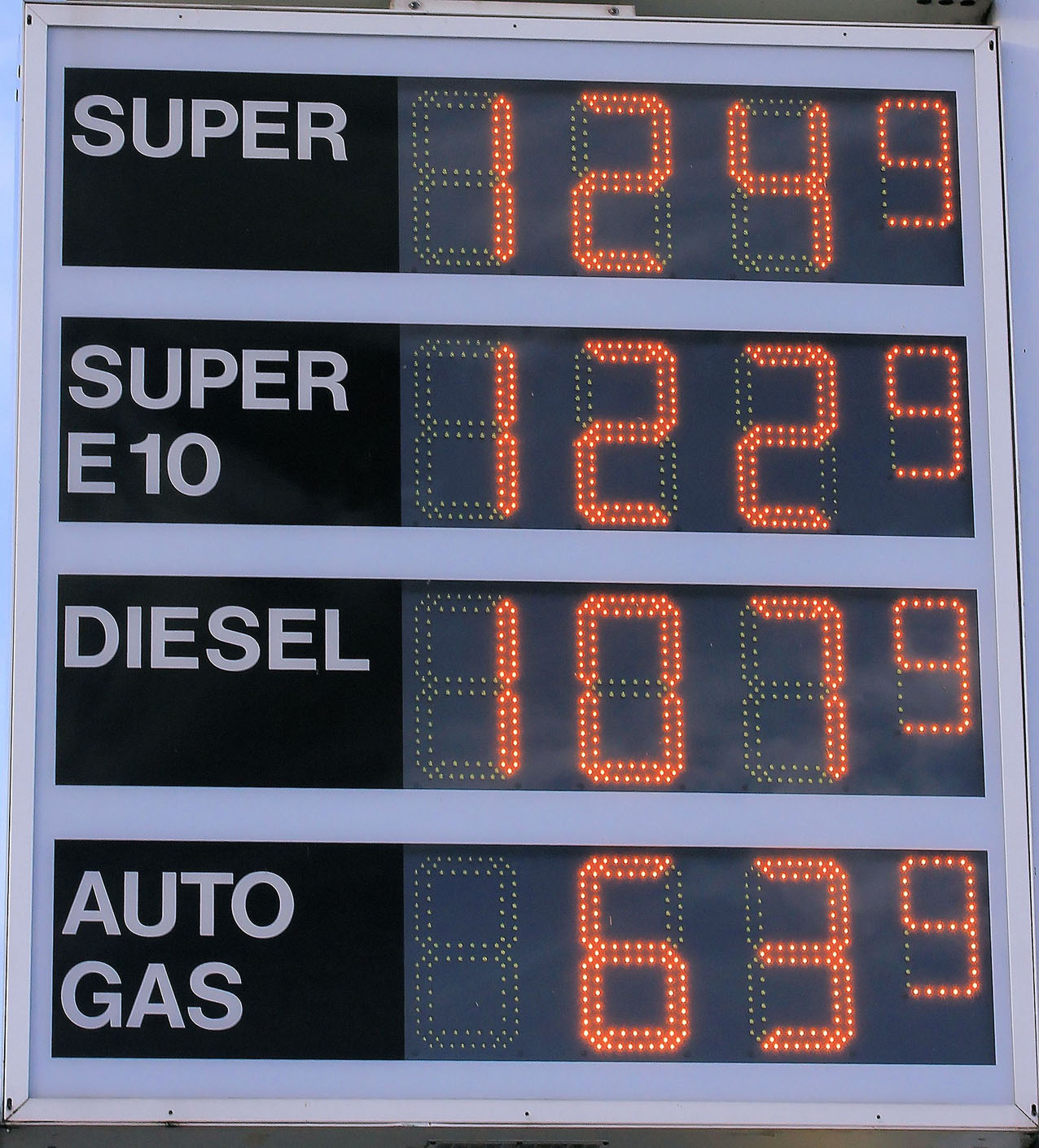 Fuel prices on a petrol station scoreboard