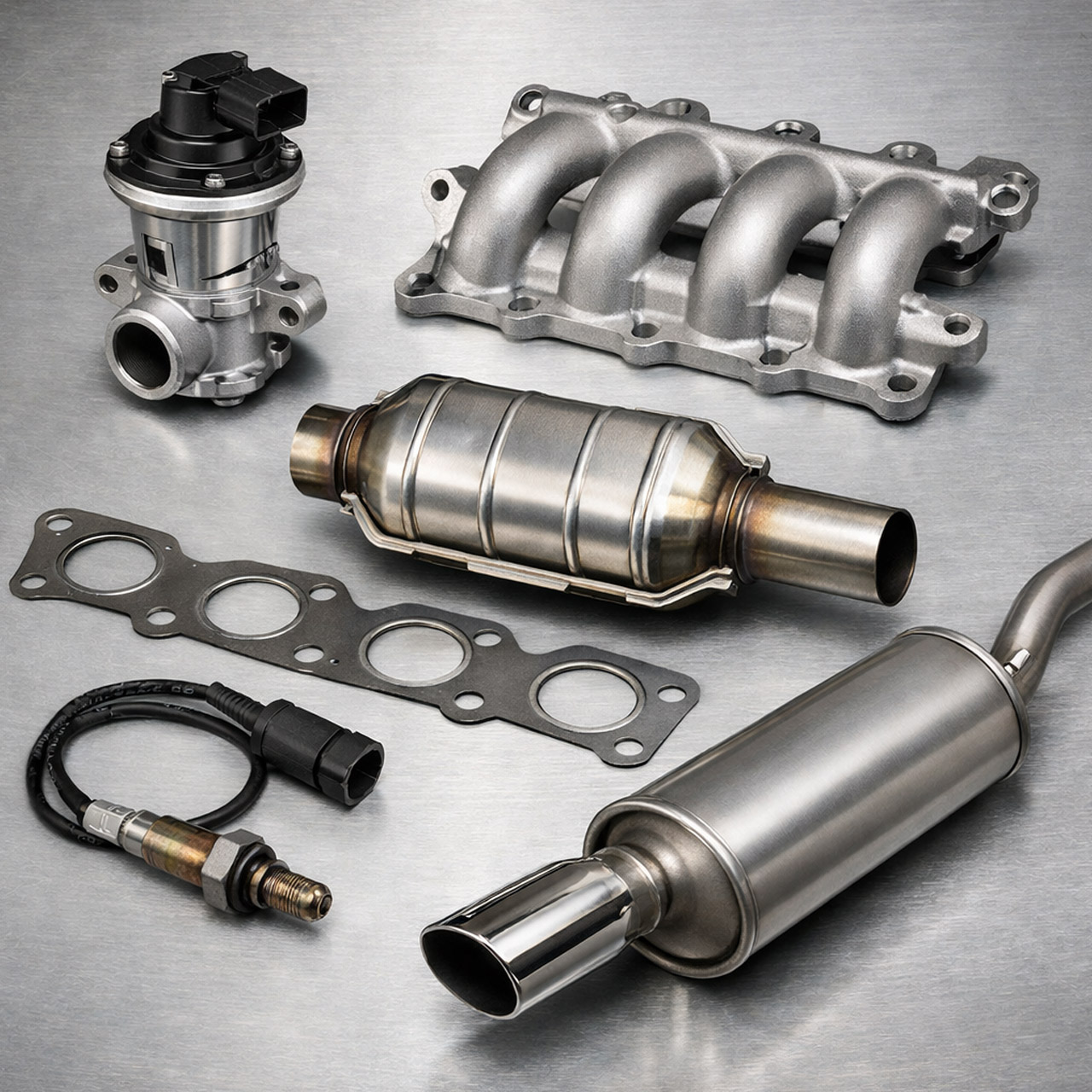 Sortimentsübersicht für Teile der Abgasanlage mit AGR-Ventil, Abgaskrümmer, Katalysator, Krümmerdichtung, Lambdasonde und Endschalldämpfer