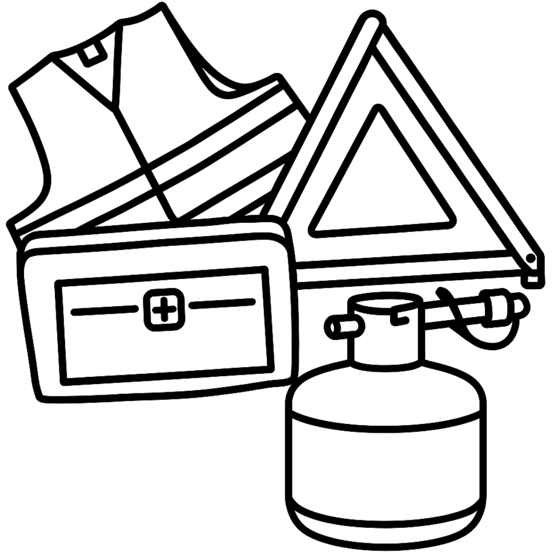 Sortimentsübersicht der Kategorie Reifenreparatur / Autopanne / Erste Hilfe mit Warnweste, Warndreieck, Reifendichtmittel und Verbandkasten