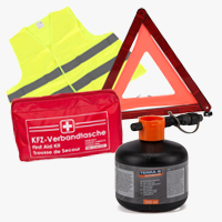 Sortimentsübersicht der Kategorie Reifenreparatur / Autopanne / Erste Hilfe mit Warnweste, Warndreieck, Reifendichtmittel und Verbandkasten