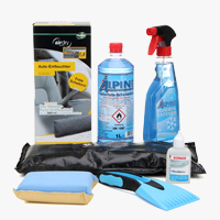 Sortimentsübersicht der Kategorie Winterausrüstung für das Auto mit Eiskratzer, Entfeuchter, Schwamm, Enteiserspray