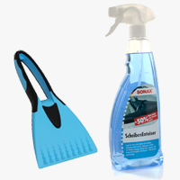 Sortimentsübersicht der Kategorie Winterausrüstung für das Auto mit Eiskratzer und Enteiserspray